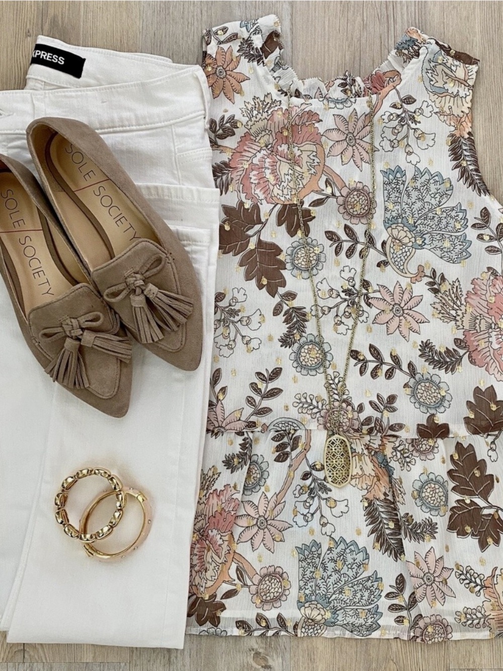 LOFT Cream Floral Peplum Blouse with Brown and Blue Accents